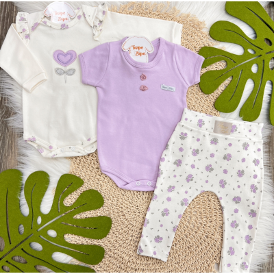 Conj. de Malha 3 peças - Flor de Coração - Off White e Lilás